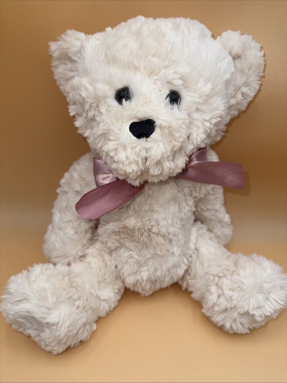 Dan Dee Teddy Bear White Cream Purple Ribbon Bow 14” Plush Stuffed Toy 2023